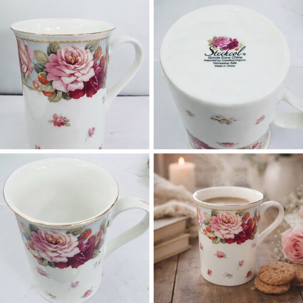 Stechcol Bone China Floral Rose Coffee Mug Gold Trim Vintage Style Tea Cup - Picture 2 of 5